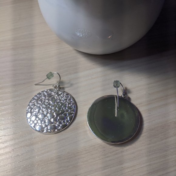 Silver Disc Earrings Textured Metal Round Drop - Picture 3 of 4